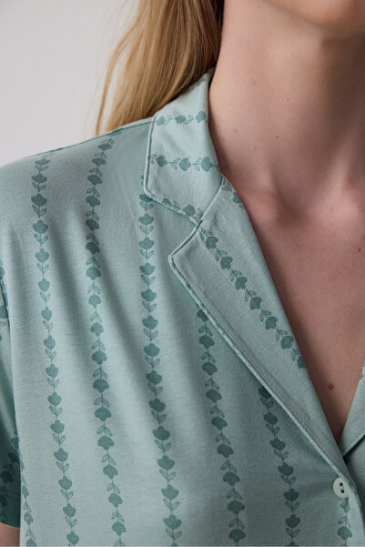 Penti Mint Yeşili Lenna Çizgili Gömlek Yaka Pijama Takımı