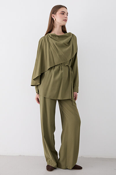 JASTE Women's Draped Belted Blouse & Wide Leg Elastic Waist Pants Set