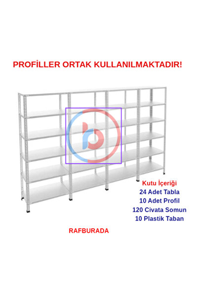 RafBurada 6 Katlı 4'lü Galvaniz Çelik Raf - Depo, Arşiv, Kiler, Dosya, Market Rafı 31x60 cm-200 cm-0.70 mm