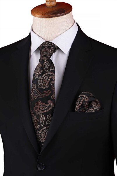 Kravatkolik Κλασική γραβάτα με μοτίβο καφέ σάλι με μαντήλι KK13121