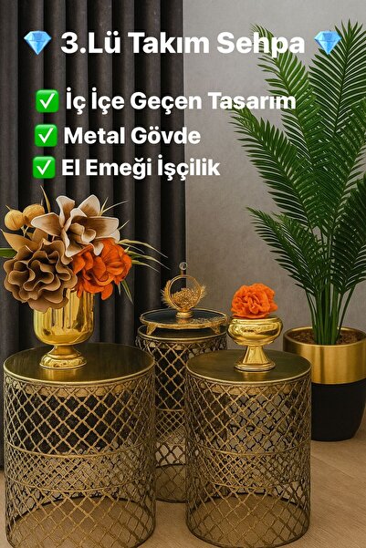 VENON Güven Avize Metal Modern Sehpa 3lü Takım Siyah Sarı Patine250x480)(300X...