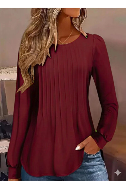 Butik Women's Long Sleeve Round Neck Ribbed Blouse