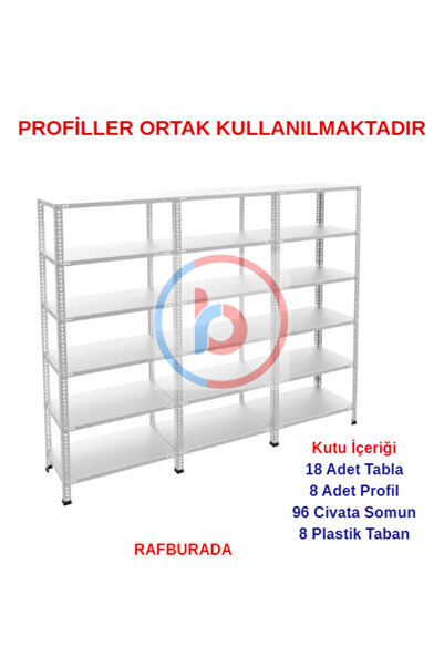 RafBurada 6 Katlı 3'lü Galvaniz Çelik Raf - Depo, Arşiv, Kiler, Dosya, Market Rafı 59x75 cm-200 cm-1.00 mm