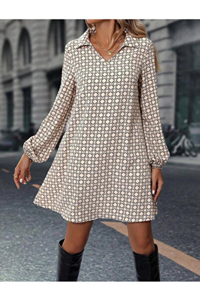 Butik Women's Long Sleeve Collared Patterned Mini Modal Dress