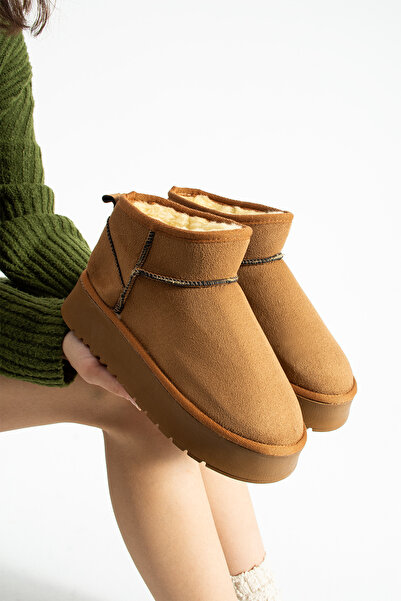 Pretty Girl KADIN Mini Taba Süet Içi Kürklü Kalın Taban Kadın Bot (TABAN 4 cm)