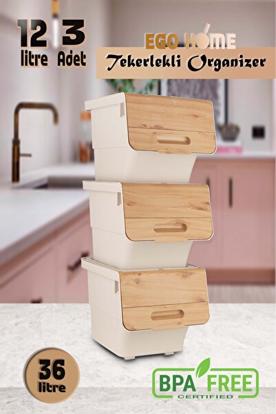 ego home Bambu Renk Tekerlekli Patateslik Soğanlık Oyuncak Kutusu Sebzelik Patates Ve Soğan Sepeti Mote 12x3