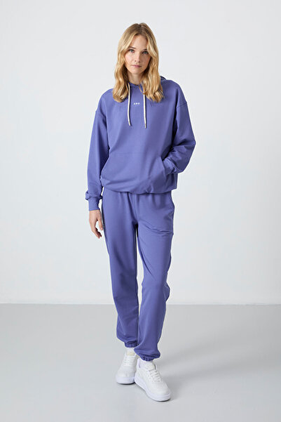 TOMMY LIFE Γυναικεία αθλητική φόρμα λιλά με κουκούλα Kangaroo Pocket Oversize Rubber Leg - 95288