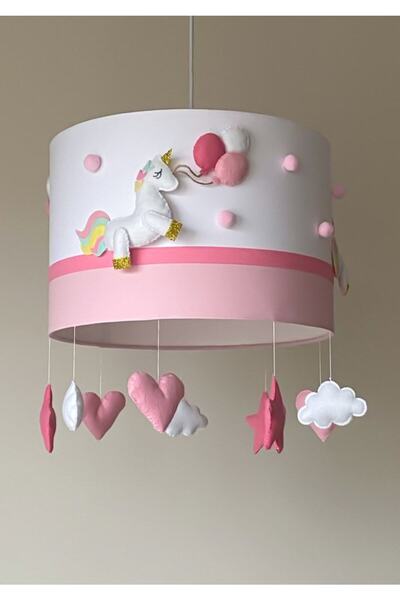 Leobabyroom Beyaz Üzeri Pembe Ponpon Detaylı Unicorn Figürlü Bebek Odası Tasarım Avize