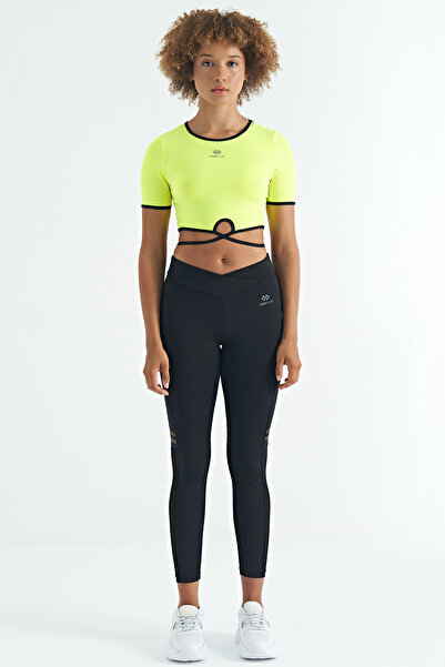 TOMMY LIFE Neon Yellow Waist Tie Detailed O Neck Standard Fit Diving Fabric Women's Crop T-Shirt - 97266
