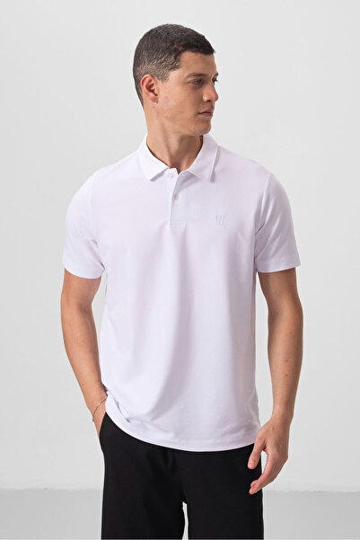 TOMMY LIFE Bílé pánské tričko Standard Fit Basic Polo Neck - 87768