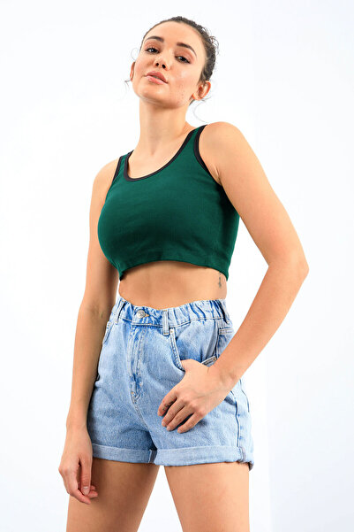 TOMMY LIFE Green Basic Zero Sleeve Slim Fit U Collar Women's Crop Top Undershirt - 97162