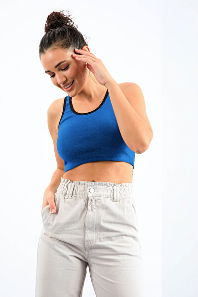 TOMMY LIFE Turquoise Basic Zero Sleeve Skinny Fit U Collar Women's Crop Top Undershirt - 97162