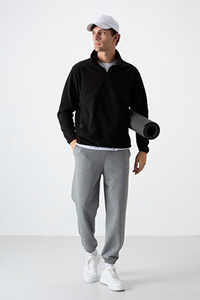 TOMMY LIFE Black Half Zippered Sweatshirt Slim Fit Stand Collar Men's Fleece - 87891