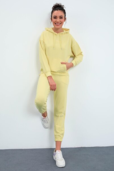 TOMMY LIFE Lemon Hooded Kangaroo Pocket Oversize Rubber Leg Women's Tracksuit...