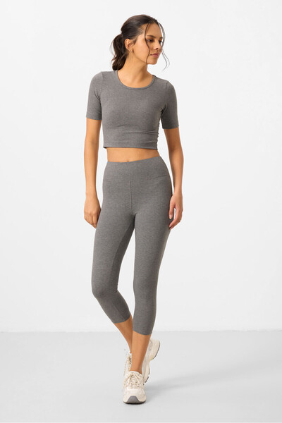 TOMMY LIFE Gray Melange High Waist Capri-Crop T-Shirt Slim Fit Women's Leggings Set - 95285
