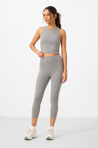 TOMMY LIFE Gray Melange High Waist Capri-Crop Tank Top Slim Fit Women's Leggings Set - 95284