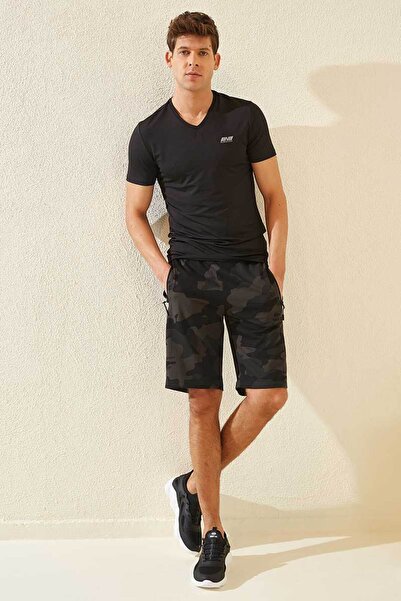 TOMMY LIFE Siyah Gölge Kamuflaj Desenli Standart Kalıp Erkek Şort - 81157