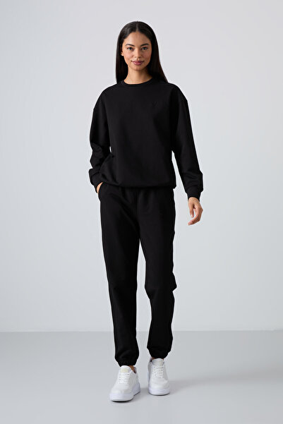 TOMMY LIFE Μαύρο Basic Cotton O Neck Oversize Rubber Leg γυναικεία φόρμα - 95287