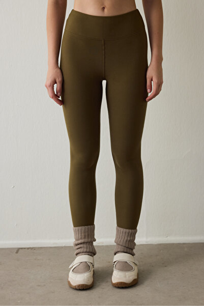 Penti Dark Oil Green Thermal Effect Velvet Textured V-Cut High Waist Leggings