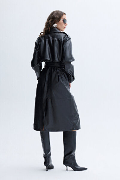 Mudo Leather Look Belted Midi Trench Coat