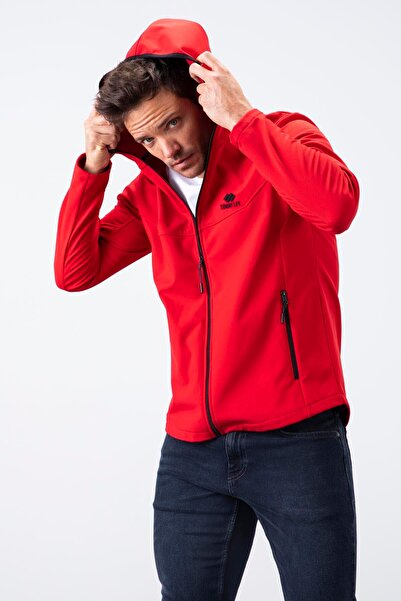 TOMMY LIFE Κόκκινο ανδρικό παλτό με κουκούλα με φερμουάρ και αντιανεμικό Softshell - 88051