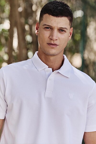 TOMMY LIFE Bílé pánské tričko Standard Fit Basic Polo Neck - 87768