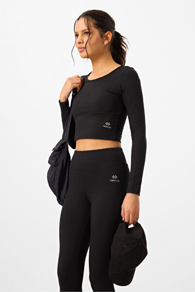 TOMMY LIFE Μαύρο ψηλόμεσο μακρυμάνικο σετ γυναικείο κολάν Crop Top - 95286