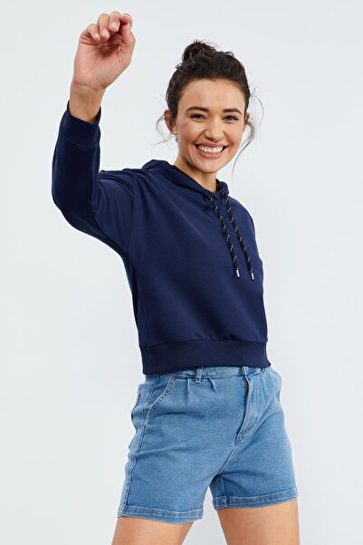 TOMMY LIFE İndigo Uzun Kol Rahat Form Kapüşonlu Kadın Sweatshirt - 97115