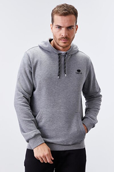 TOMMY LIFE Ανδρικό φούτερ με κουκούλα γκρι Melange Kangaroo Pocket Standard Fit - 87872