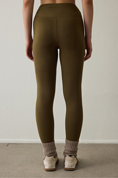 Penti Dark Oil Green Thermal Effect Velvet Textured V-Cut High Waist Leggings