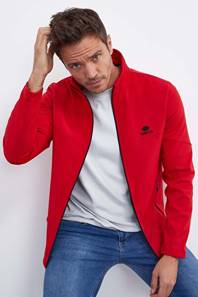 TOMMY LIFE Κόκκινο ανδρικό παλτό με φερμουάρ και αντιανεμικό Softshell - 88050