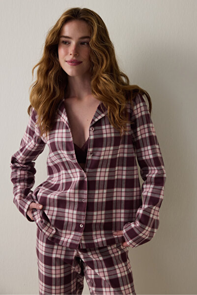 Penti Bordo Ekoseli Gömlek Yaka Pamuklu Pijama Takımı