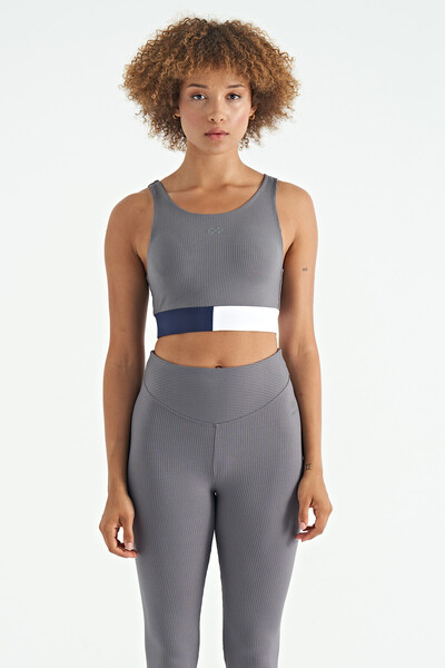 TOMMY LIFE Dark Gray Color Blocked Logo Printed Slim Fit Ribbed Women's Bustier - 97275