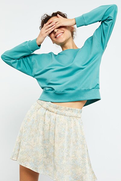 TOMMY LIFE Mint Green Basic Comfortable Form O Neck Women's Sweatshirt - 97114