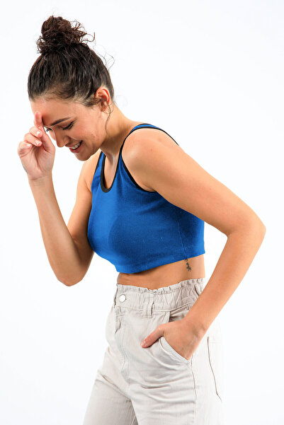 TOMMY LIFE Turquoise Basic Zero Sleeve Skinny Fit U Collar Women's Crop Top Undershirt - 97162