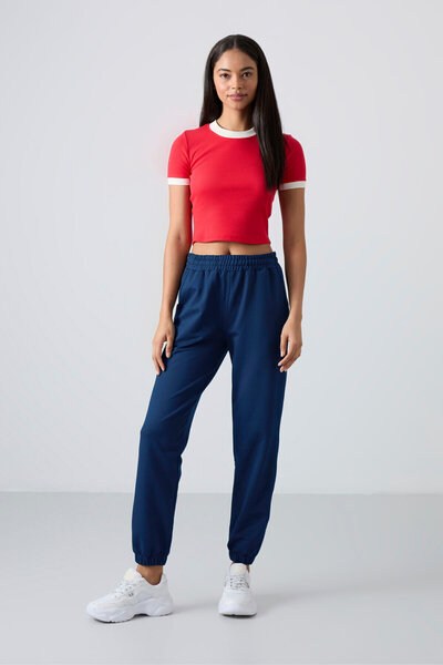 TOMMY LIFE Indigo Pocket Ψηλόμεση Άνετη Μορφή Λαστιχένια Γυναικεία Φούτερ στο κάτω μέρος - 94583