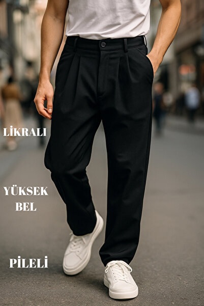 CEDY DENIM Yüksek Kalite Erkek Yüksek Bel Pileli Baggy Chino Pantolon C358-siyah