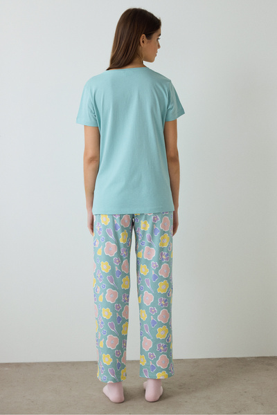 Penti Mint Yeşili With Love Çiçek Desenli Pamuklu V Yaka Kısa Kollu Pijama Takımı