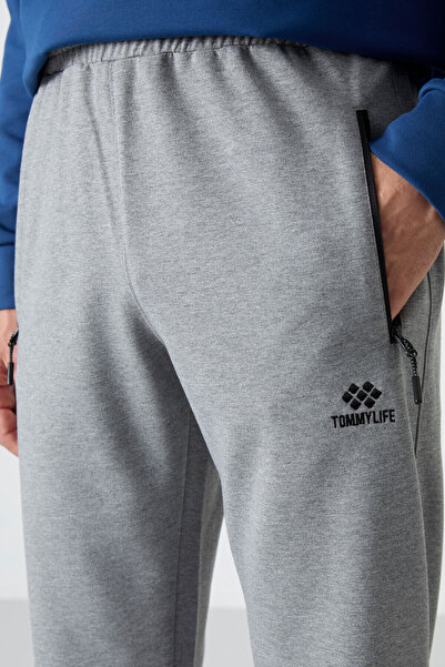 TOMMY LIFE Gray Melange Men's Sweatpants - Zippered, Three Pockets, Skinny Fit, Classic Leg - 84671