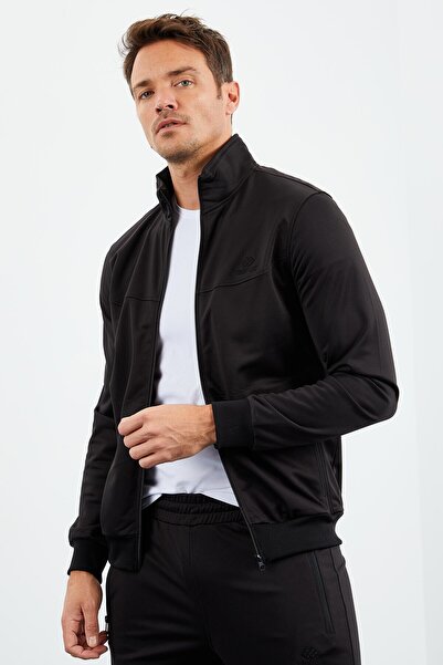 TOMMY LIFE Fekete állógalléros cipzáras standard szabású klasszikus lábú férfi tréningruha szett - 85162