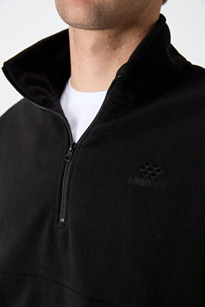 TOMMY LIFE Black Half Zippered Sweatshirt Slim Fit Stand Collar Men's Fleece - 87891