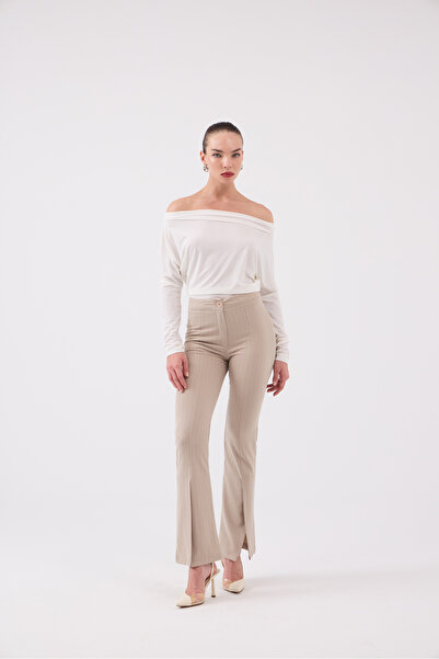 HOLLY LOLLY Front Slit Striped High Waist Algo Trousers Beige