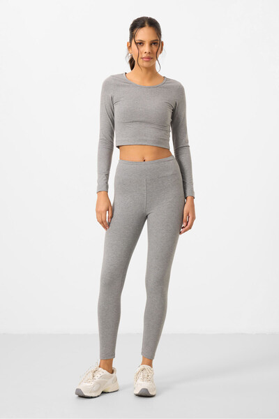 TOMMY LIFE Gray Melange High Waist Long Sleeve Slim Fit Crop Top Women&#39;s Tights Set - 95286