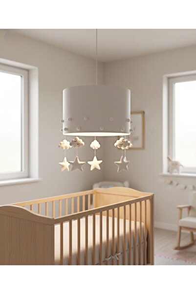 Genel Markalar Beyaz Üzeri Beyaz Ponpon Detaylı Bebek/Çocuk Odası Tasarım Avize