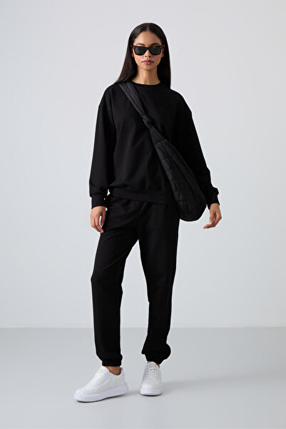 TOMMY LIFE Μαύρο Basic Cotton O Neck Oversize Rubber Leg γυναικεία φόρμα - 95287