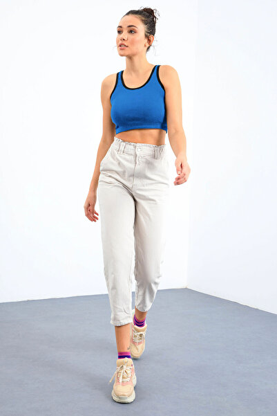 TOMMY LIFE Turquoise Basic Zero Sleeve Skinny Fit U Collar Women's Crop Top Undershirt - 97162