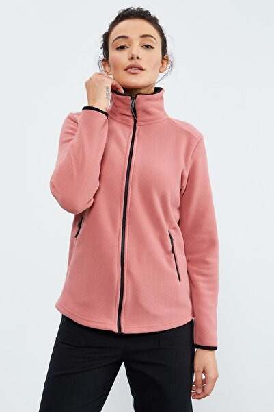 TOMMY LIFE Stand Collar and Zippered Wild Rose Women's Fleece Sweatshirt - 97173