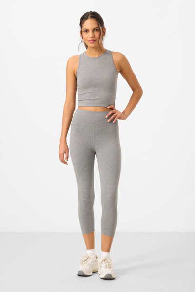 TOMMY LIFE Gray Melange High Waist Capri-Crop Tank Top Slim Fit Women's Leggings Set - 95284