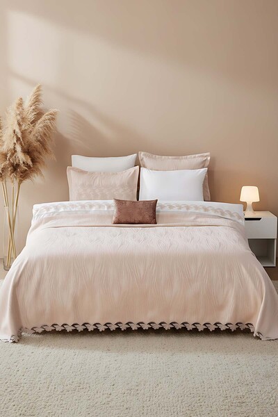 Rivaİstanbul İlay Mink Embroidered Double Duvet Cover Pique Set - 8 Piece Dowry Set