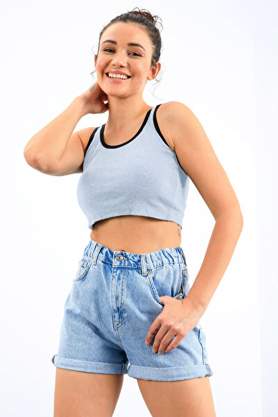 TOMMY LIFE Tricou Tricou crop Top pentru femei, cu decolteu rotund, cu mâneci zero basic, albastru deschis - 97162